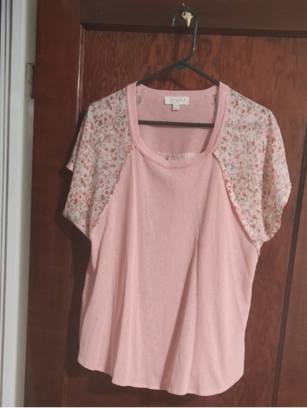 Umgee Pink Floral Short Sleeve Mixed Media Top Blouse Size XL